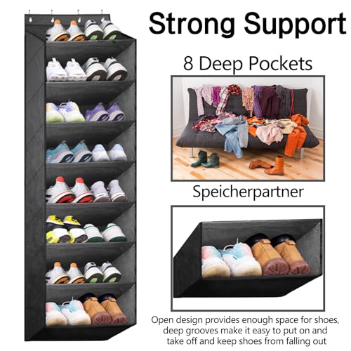 ZHLIMY Schuhregal Hängend Tür Organizer, Schuh Organizer Hängend mit 8 Tiefen Taschen Passt 20-Paar Schuh, Schuhaufbewahrung Tür mit 4 Metallhaken (Schwarz)