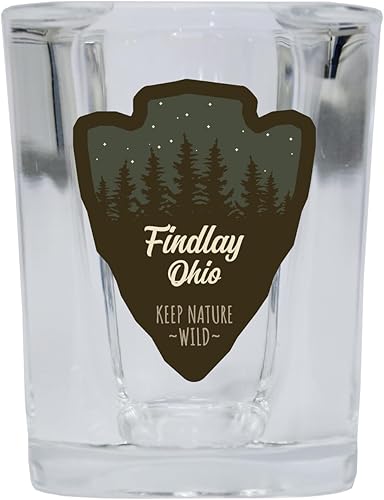R and R Imports Findlay Ohio Camping Souvenir 2 Oz Shot Glass Square Base Arrowhead Design Single