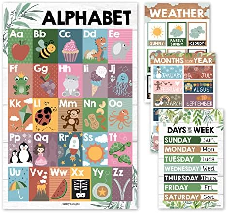 4 Farmhouse Kids Educational Posters For Toddlers,Alphabet Poster For Toddlers, Days Of The Week For Kids, Months Of The Year For Classroom Decorations For Teachers, Kindergarten Homeschool Supplies…