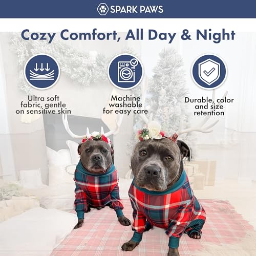 Image of Spark Paws Dog Christmas Pajama, Dog Recovery Suit Male, Onesie, Ultra-Soft and 4-Way Stretch, for Small Medium and Large Breeds - Green and Red Plaid - 4XL