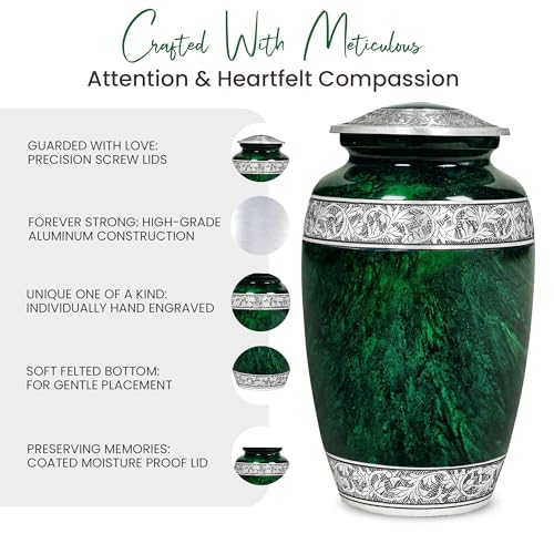 Image of Hand-Engraved Green Urn for Ashes for Women & Men with Ash Pendant & Velvet Bag | Green Marble Finish Metal Cremation Urns for Human Ashes Adult Man | Elegant Burial & Funeral Urn, Large, 220lbs