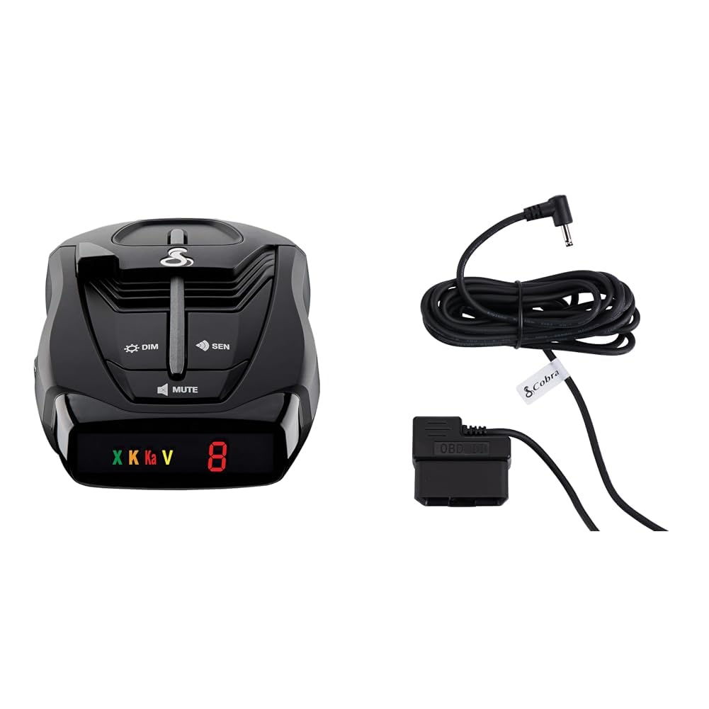 Cobra RAD 380 Laser Radar Detector + OBDII Power Cord Bundle – Long Range Detection, LaserEye Front and Rear Detection, IVT Filtering, Adjustable Sensitivity, Digital Signal Processing, Black