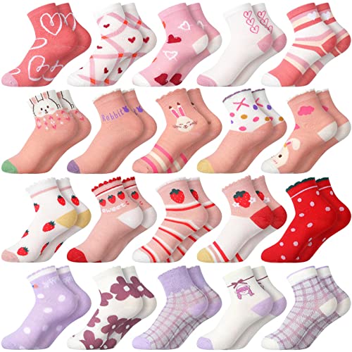 Bencailor 20 Pairs Girls Cartoon Pattern Crew Socks Cute Patterns Ruffle Crew Cotton Cute Socks for Kids Toddler Girls(Pink Purple,Ages 6-8,Sweet Style)