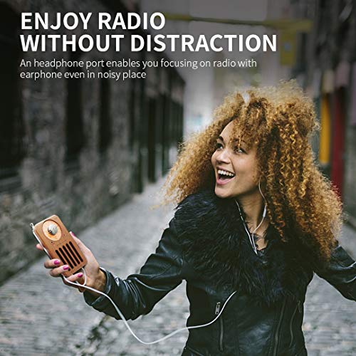 AM/FM Portable Radio, Retro Cherry Wood Pocket Radio with Best Reception, Headphone Jack, Battery Operated Personal Transistor by 2 AA Battery for Jogging, Walking and Travelling