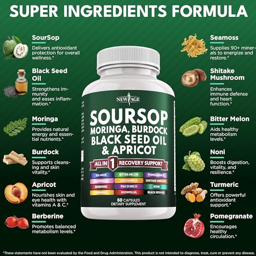 Image of NEW AGE Soursop Supplement - Moringa, Sea Moss, Black Seed Oil, Berberine, Turmeric, Apricot, Quercetin, Greens, Bitters, Boswellia, Bitter Melon, Burdock Root - 180 Capsules