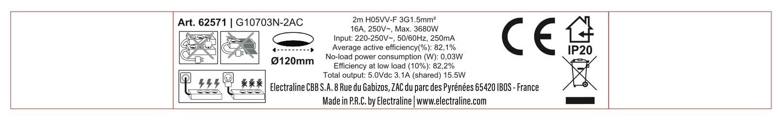 Electraline 62571 Presa multipla retrattile/da tavolo/ a 3 vie (2 USB 3.1A: 1 tipo A+1 tipo C 15,5 W, cavo da 2 m), integrata per presa multipla da piano di lavoro, D 120 mm