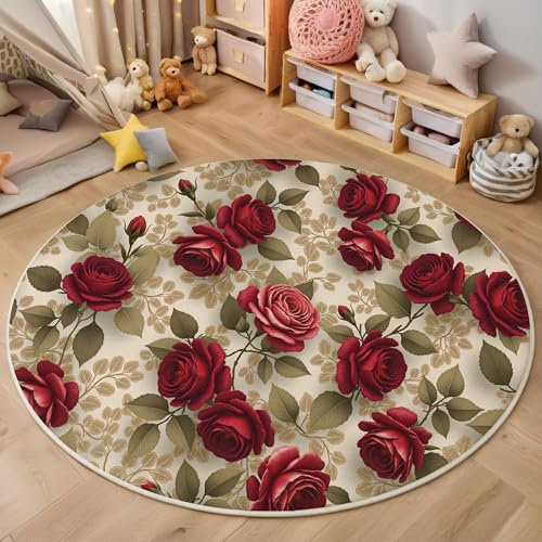 Tapis rond roses rouges 80cm lavable machine anti-dérapant - 5