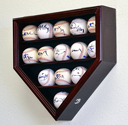 14 Baseball Ball Display Case Cabinet Holder Wall Rack Home Plate Shaped 98% UV Protection- Lockable -Cherry