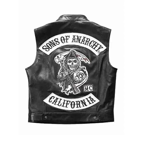 AG BISON Sons of Leather Motorcycle Vest, Black, Genuine Cowhide, Sleeveless Anarchy Biker Jacket (US, Alpha, Large, Regular, Regular, BLACK)