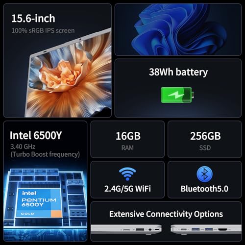 Image of UOWAMOU 15.6 FHD Laptop, Pentium Gold 6500Y 16GB RAM 256GB SSD, Office 2024 | 15.6 inch IPS 1920x1080 Display, Quiet Slim Portable Computer, USB3.2 /Type‑C /WiFi5+BT5.0, Numeric Keypad, Privacy Protect Camera