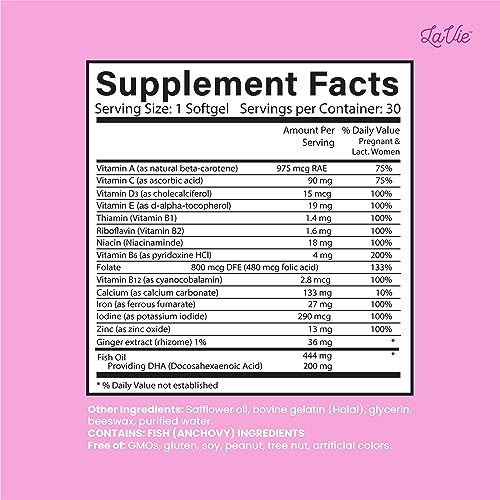 LaVie Prenatal Vitamins with Ginger, DHA, Folic Acid, & Iron - Pregnancy Must Haves for Baby\'s Brain & Body Development - Non-GMO, Gluten-Free Prenatals for Women (1 Month Supply)