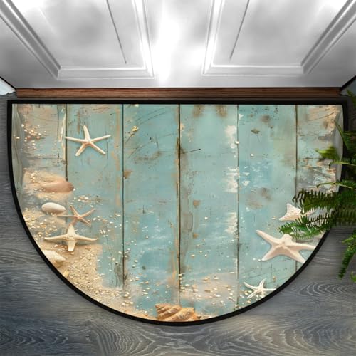 Image of Half Round Doormat Wooden Background Starfish Shells Non Slip Half Circle Area Rugs Indoor Washable Half Moon Rug Semi Circle Bathroom Runner Mat Entrance Floor Carpet for Kithen Bedroom Fireplace
