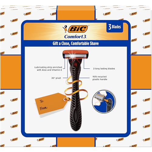 Image of BIC Comfort 3 Refillable Men's 3-Blade Razors Holiday Gift Set, 1 Handle and 14 Cartridges, Stocking Stuffer for Men (Pack of 6)