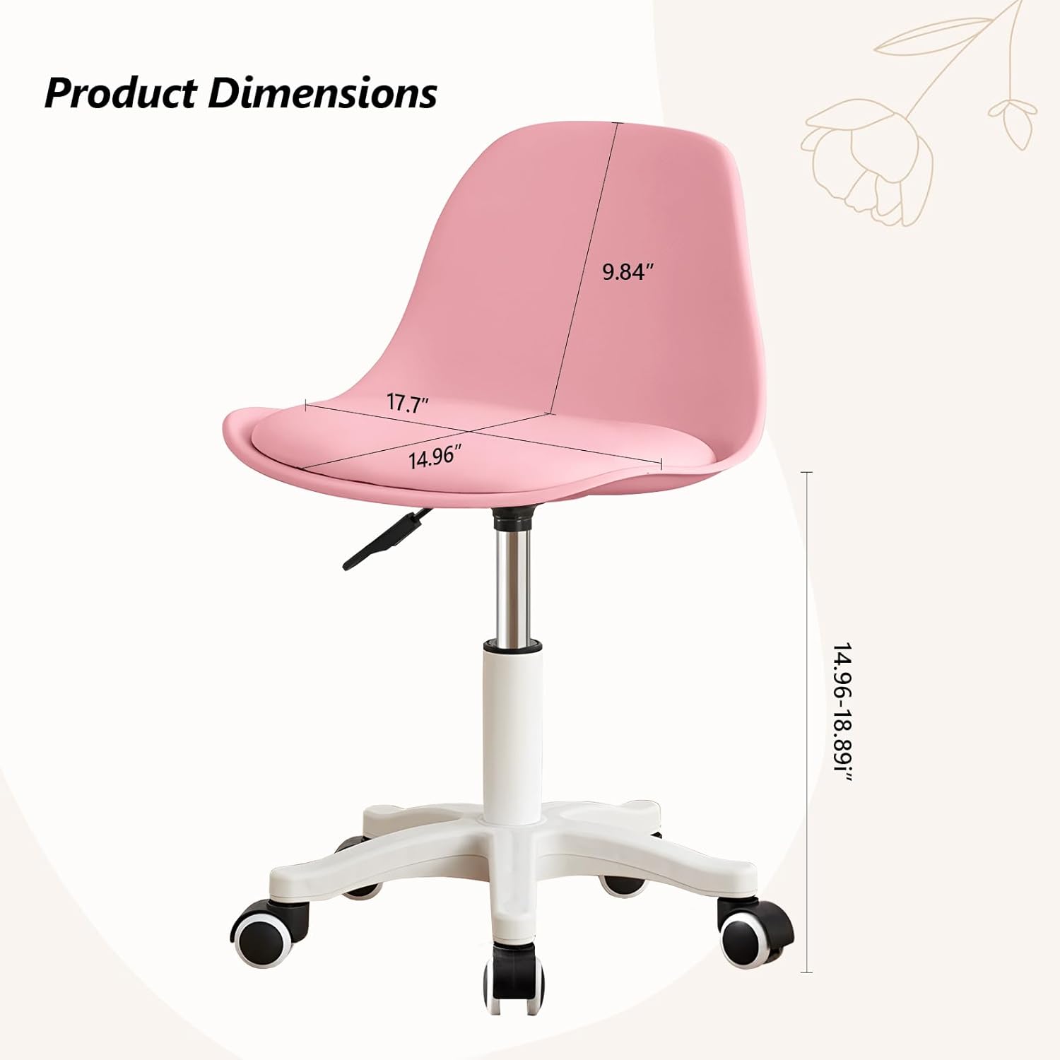 JPBSTO Small Desk Chair Cute, Swivel Armless Task Vanity Chair with Soft Padded Cushion, Plastic Height Adjustable Home Office Chairs for Teens Girls, Kids, Study Room