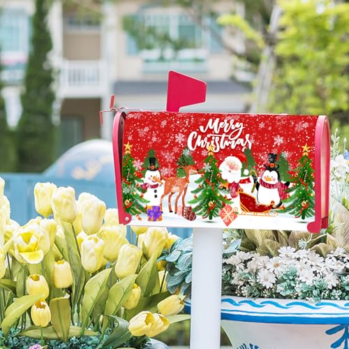 Image of Merry Christmas Mailbox Cover, Magnetic Standard Size 25.5x21 Inch, Xmas Trees Santa Claus Snowman Reindeer Penguin Mailbox Wrap Post Cover for Garden Yard Outdoor Home Hew Year Decor