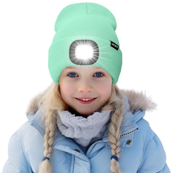 ATNKE Kids LED Lighted Beanie Hat,USB Rechargeable 4 LED Running Headlamp Bright Cap with Light Gifts for Boys and Girls