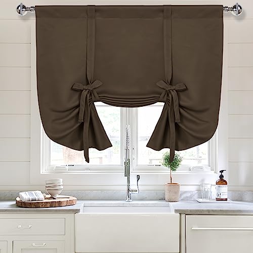 DWCN Blackout Curtains-Tie Up Shade for Window Thermal Insulated Room Darkening Rod Pocket Curtains for Kitchen, Brown, W34 X L45 Inches, 1 Panel