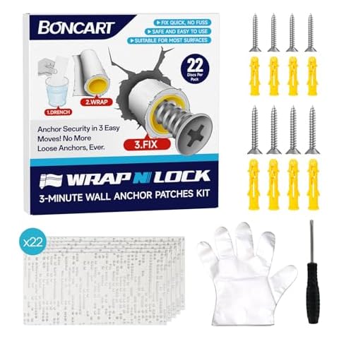 WRAPNLOCK Drywall Anchor Repair Kit - Fast Loose Anchor Fix (No Fill/Redrill) - 22 Patches + Screws/Anchors/Screwdriver/Gloves, Works for Home Fittings Cover
