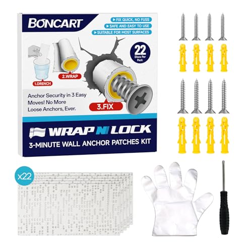 WRAPNLOCK Drywall Anchor Repair Kit - Fast Loose Anchor Fix (No Fill/Redrill) - 22 Patches + Screws/Anchors/Screwdriver/Gloves Works for Home Fittings