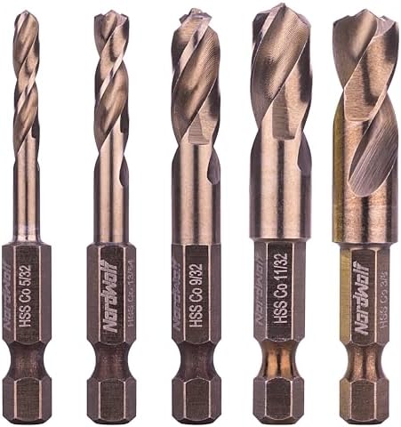 5PCS M35 Cobalt Stubby Drill Bit Set, 1/4" Hex Shank, Sizes 5/32" to 3/8"