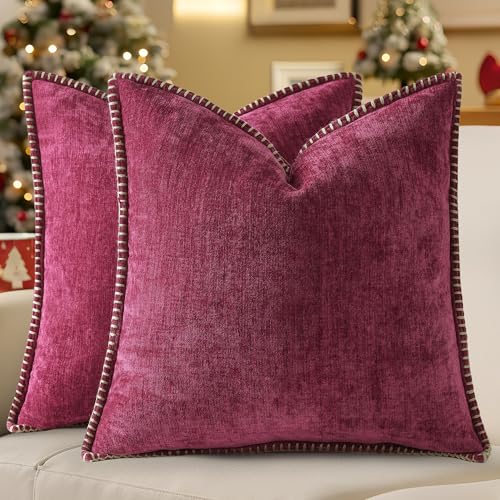 Image of decorUhome Fall Chenille Soft Cozy Throw Pillow Covers 18x18 Set of 2, Modern Farmhouse Boho Velvet Decorative Pillow Cases with Stitched Edge for Couch Sofa Bed Home Decor, Rhododendron