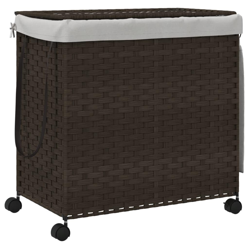 Cesta para la colada de ratán con 3 compartimentos, ruedas y tapa, color marrón oscuro, 60 x 35 x 60,5 cm, bolsa interior extraíble, contenedor plegable con frenos