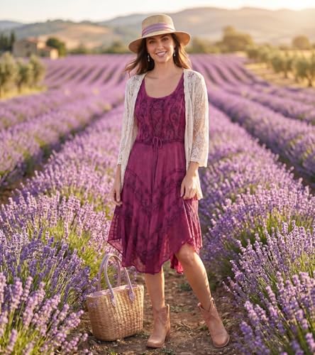 Image of Sakkas Sundara Stonewashed Rayon Embroidered Mid Length Dress
