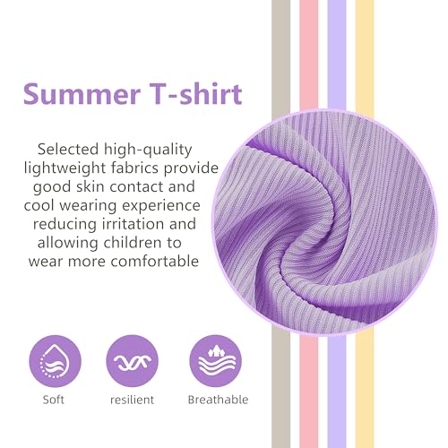 Image of Girls Summer Lettuce Trim Ribbed Knit Short Sleeve T-Shirts Solid Color Casual Blouse Tops