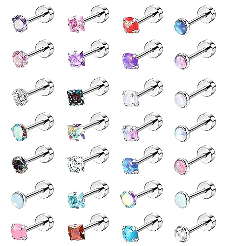 LOYALLOOK 28Pcs Hypoallergenic Stud Earrings Set for Women Men 316L Stainless Steel Cartilage Flat Back Stud Earrings CZ Opal Screwback Earrings Studs Piercing Jewelry Multicolored 20G