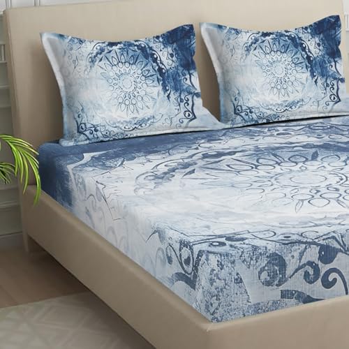 Image of Signature Digital Print Geometric Designs Super King Size Bedsheet - 108 x 108 inches | 100% Cotton-Feel Soft Fabric | Fade-Resistant Colors | 2 Matching Pillow Covers (Indigo Mandala)