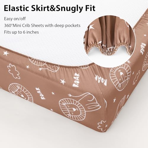 Baby Mini Crib Sheets Boy, Portable 38”x26” Pack and Play Sheets Fitted for Playard and Pack N Play Mattress, 3-Pack Soft Microfiber Brown Lion