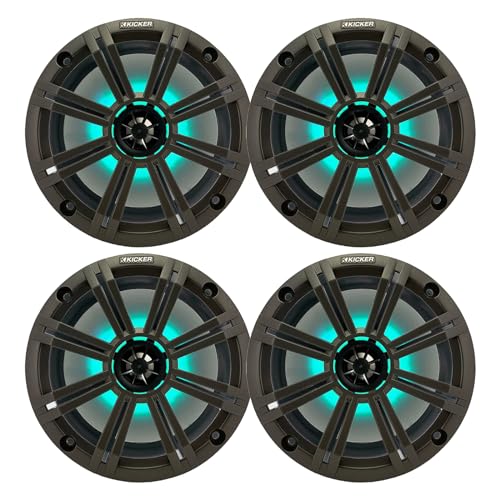 KICKER 8" 300 Watt Max Power 2-Way Marine OEM Replacement RGB Multicolor LED Coaxial Boat Audio Speakers (Qty 4) with Charcoal Grilles