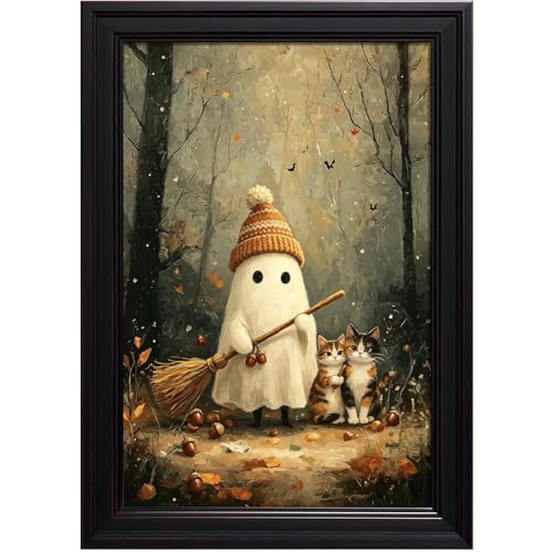 Black Vintage Framed Knit Beanie Ghost With Broom Two Calico Cats Autumn Acorn Forest Canvas Wall Art Dark Vintage Goth Halloween Victorian Gothic Bedroom Living Room Decor 24X36 in