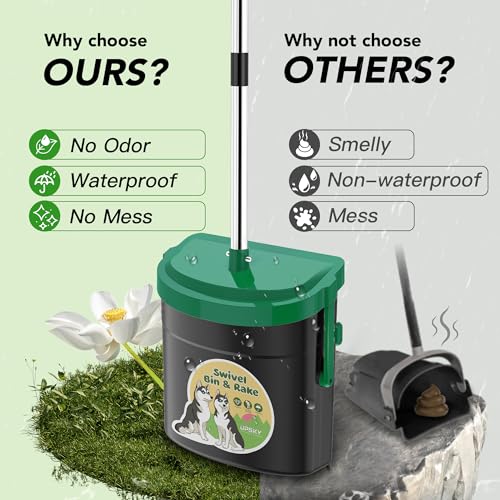 Image of UPSKY 33.4 inch Dog Pooper Scooper Swivel Bin & Rake Kit with 100 Waste Bags | Long Handle Heavy Duty Pet Poop, Stainless Steel, Easy to Install, Odor-proof Lid for All Dog Sizes-Yard /Lawn /Outdoor Use