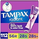 Tampax Radiant Plastic Tampons, Regular/Super/Super Plus Absorbency Triplepack, 112 Count, Unscented (28 Count, Pack of 4 - 112 Count Total)
