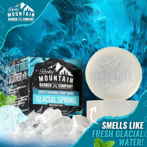 Image of Shaving Soap Pucks for Men - 3 Pack - Traditional Wet Shave Glycerin-Based Shave Soap Bars - Made in USA For Use with Shaving Brush and Bowl - Glacial Spring Scent by Rocky Mountain Barber Company