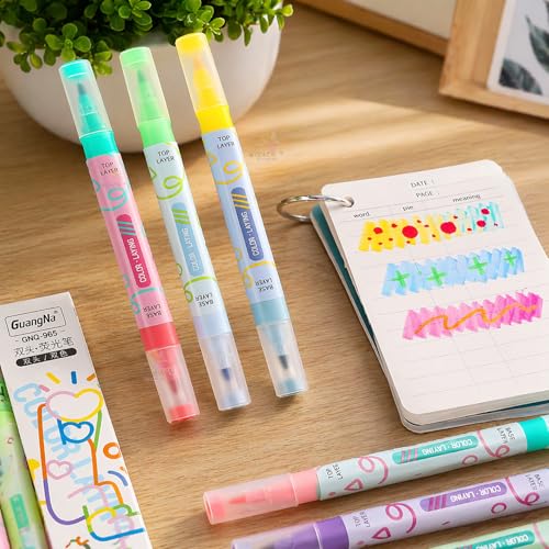 Image of WISHKEY Double-Head Color Overlay Marker Pens, Non-Toxic Ink Marker, Quick Drying Colorful Highlighter Pens for Multipurpose, Stationery Items for Kids and Adults, 8+ Years (Pack of 6, Multicolor)