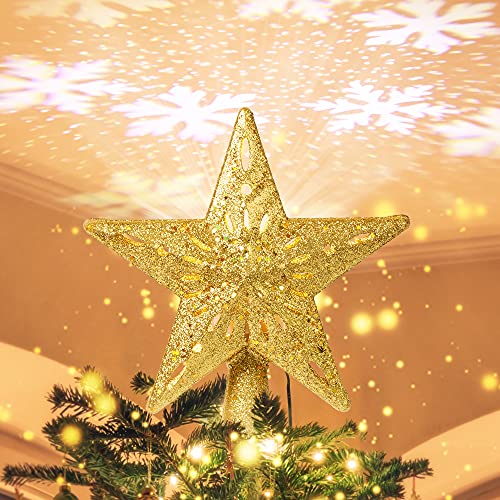 Solpex Christmas Tree Topper Lighted with Adjustable Rotating 3D Hollow LED Snowflake Projector, Gold Star Tree Topper with Glitter for Indoor Christmas Tree Decorations (Gold)