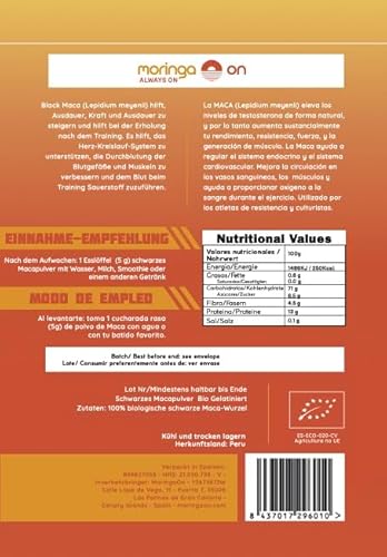 MoringaON Black Maca Powder Gelatinizada 250G | Mejora el rendimiento atletico | Maca negra gelatinizada ecológica