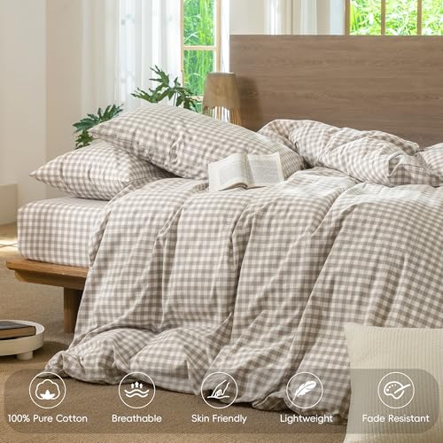 Image of MooMee Gingham Duvet Cover Set 100% Washed Cotton Linen Like King | Relaxed Linen-like Texture. Soft, Breathable & Long-lasting Comfort. Lightweight. Hidden Zipper with 8 Interior Corner Ties
