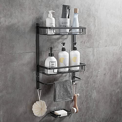 GRICOL Estante de Ducha Adhesivo Cuadrado sin Perforar Estantes de Pared de Aluminio Organizador de Almacenamiento con Canastas de Barra en 2 Niveles con Jabonera para Cocina y Baño Negro