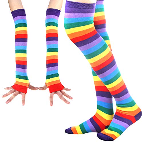 Colorful Rainbow Stripe Leggings Long Knit Gloves Socks Set Party Costume Accessory #TOP2