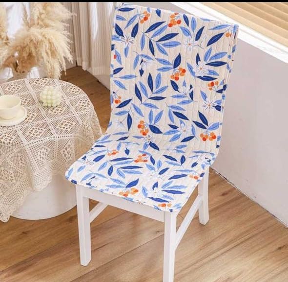 Image of HOMETHREADS Premium Cotton Chair Cover Set | Soft & Comfortable Seat Covers with Anti-Skid Non-Slip Backing + Waterproof Dining Table Cover (140x220 cm) (White Blue, 6 Chair Covers + 1 Table Cover)