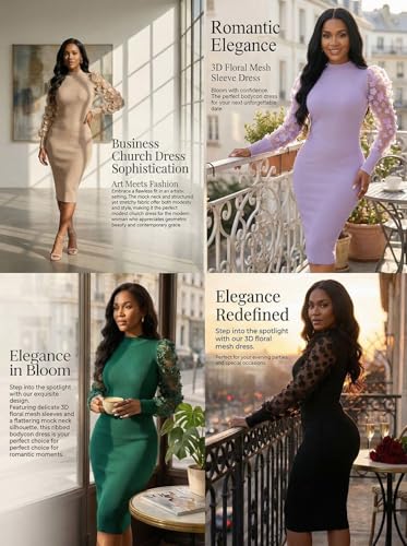 Image of Annystore Women's Elegant Mock Neck Sheer Long Sleeve Mesh Bodycon Dress Ribbed Club Party Pencil Midi Dresses Clubwear