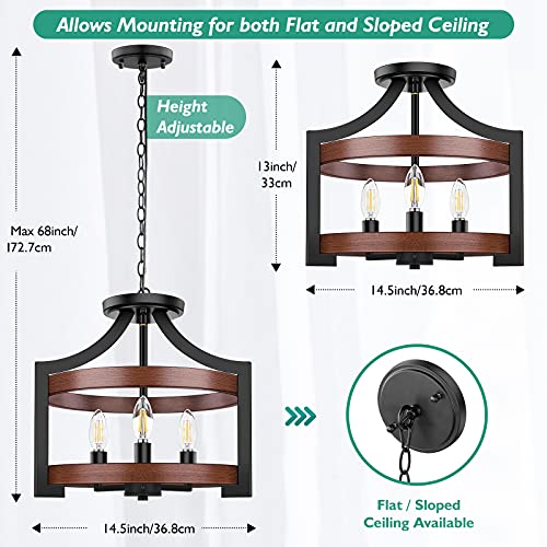 3-Light Rustic Farmhouse Pendant Hanging Light Adjustable Height Max 68In, Convertible Vintage Semi Flush Mount Ceiling Light Fixture Black Metal Chandelier Walnut Wood Finish For Kitchen Dining Room #TOP6