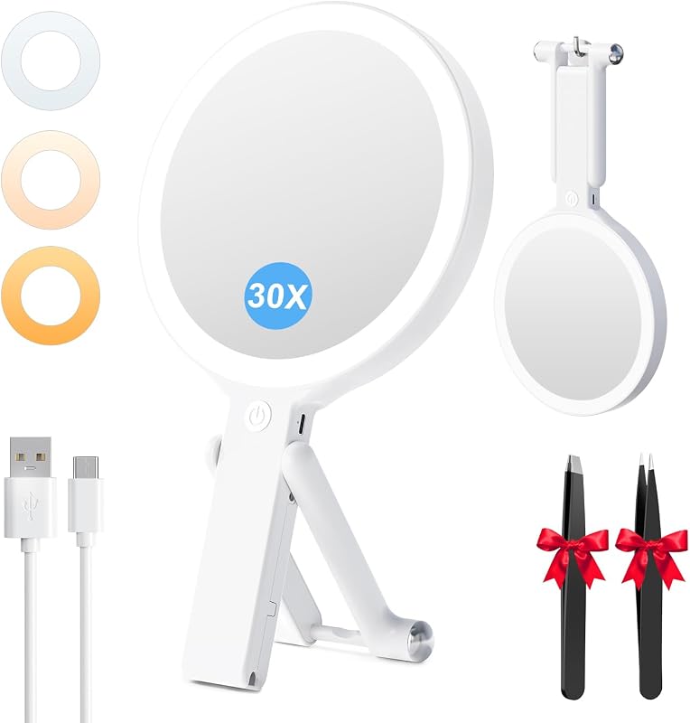 Espelho de maquiagem de viagem Auxmir com aumento 30X/1X, luzes LED ajustáveis em 3 cores, branco