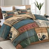 Bettdecke ohne Bezug 200 x 200 cm, 4 Jahreszeiten Steppdecke mit Vintage Bauernhoftier Hahn, Graublau Waschbare Sommerdecken für Allergiker Zudecke, Landhausstil Rustikal Warme und Weiche Daunendecke