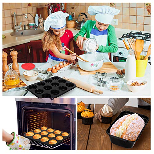 5 Pcs Nonstick Bakeware Set,Carbon Steel Baking Set Include Loaf Pan,Cookie Sheet, Loaf Pan, Square Pan, Round Cake Pan, 12 Cups Muffin Pan,2 Mini Oven Mitts,1 Round Dish Sponge and 1 Basting Brush