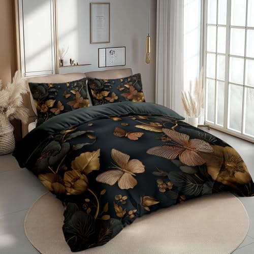 Reversible Bedding Set Duvet Cover Set Small Single for Kids Toddler- Luxury Butterfly Floral Printed Quilted Comforter Cover with 1 Pillowcases, Black, Microfiber, Zipper Closure, 2 Pieces