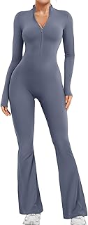 Women Long Sleeve Flare Workout Jumpsuit Zip Up Romper Bottom Pants Wide...
